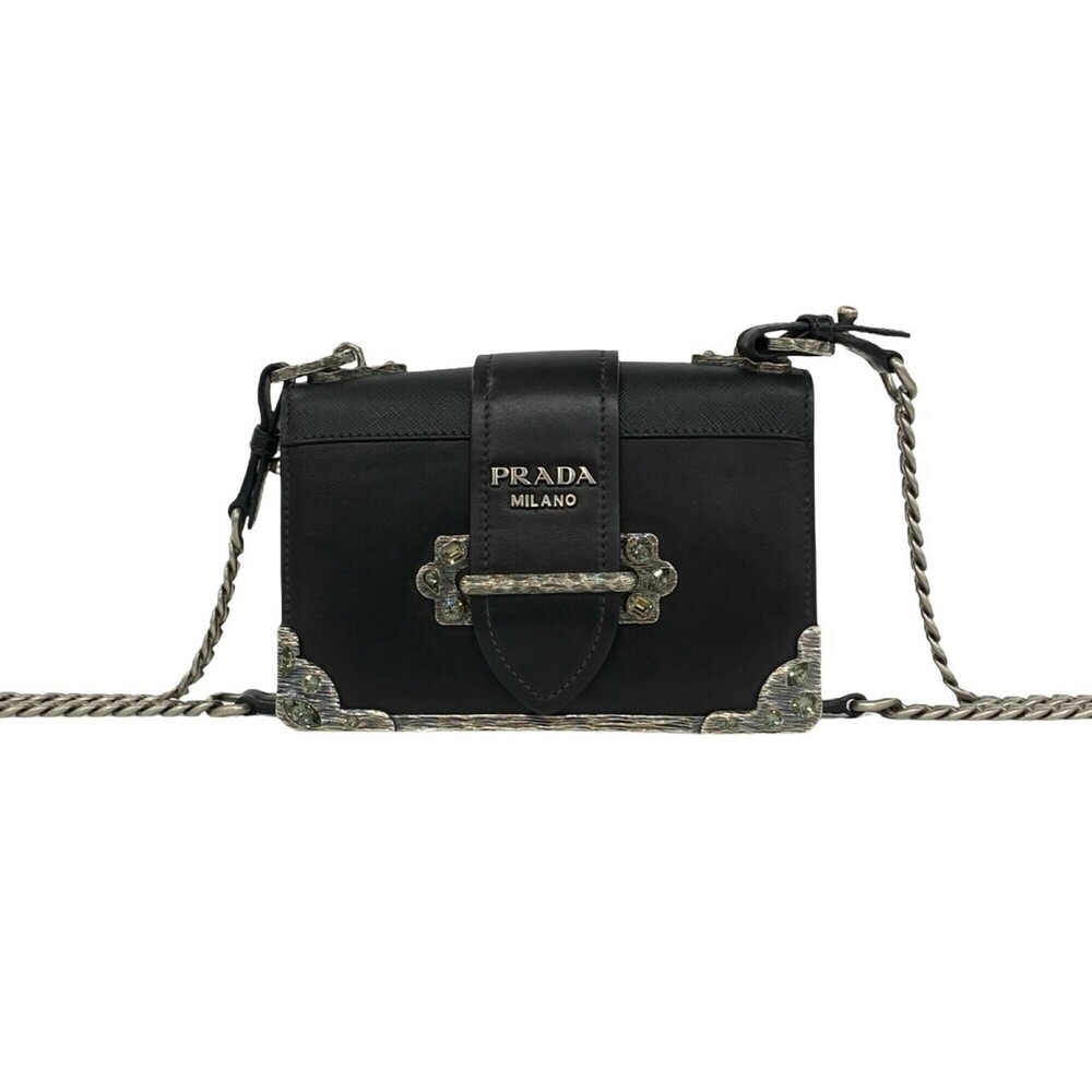 PRADA Cahier Logo Leather Chain Mini Shoulder Bag/Pouch for Women, Black, 64428